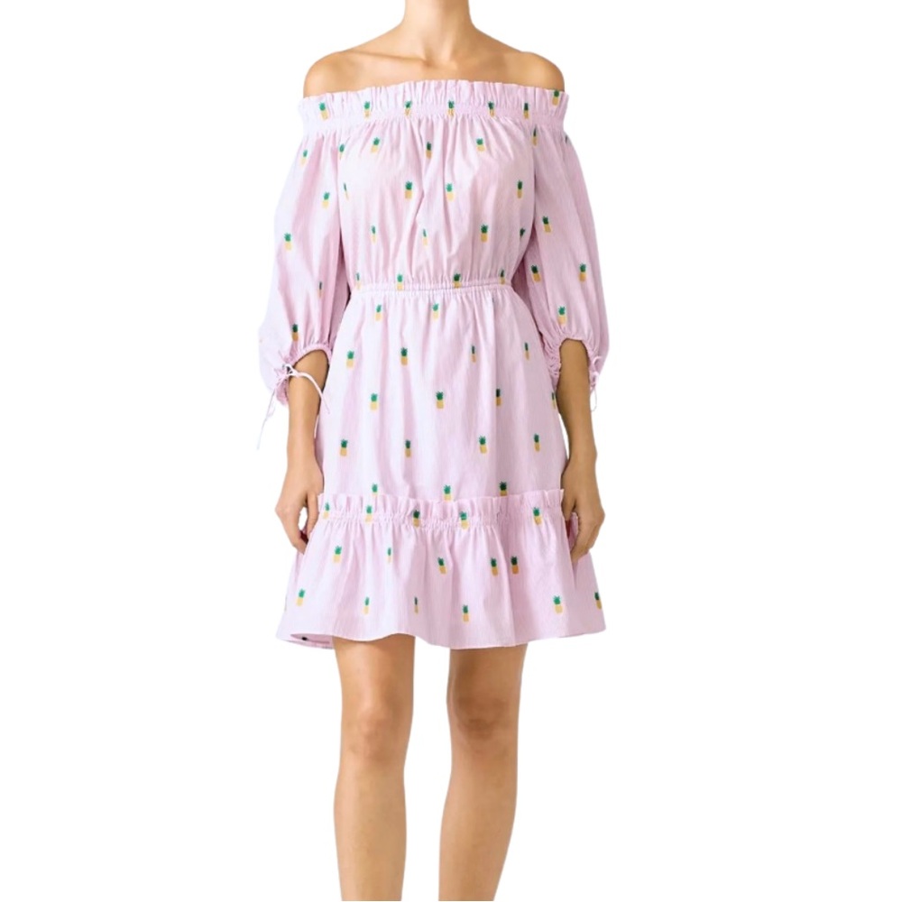 Kate Spade Pineapple Print Off The Shoulder Short Dress Pink Sundress Summer